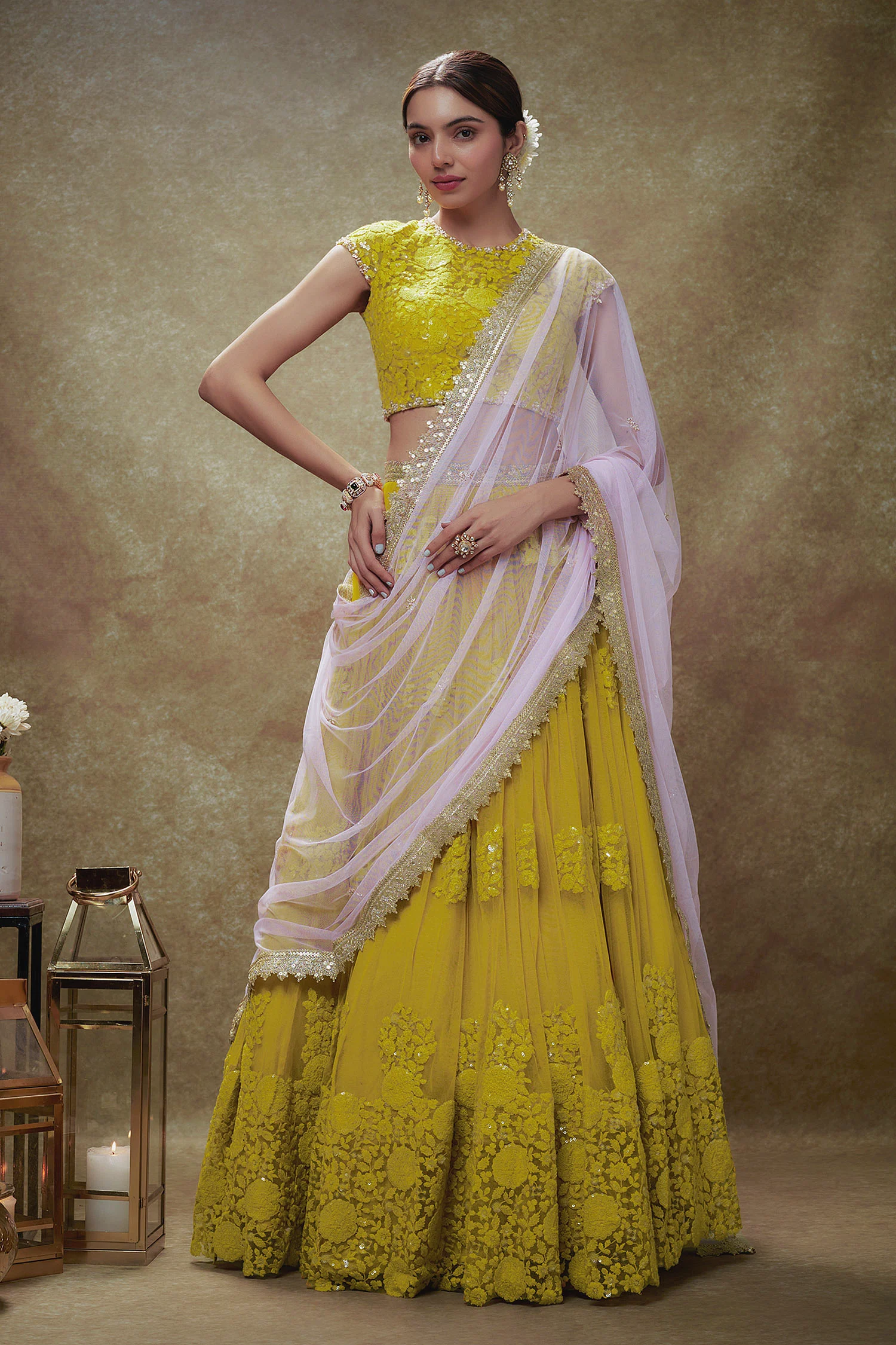 Daffodil Thread Work Soft Net Lehenga Set