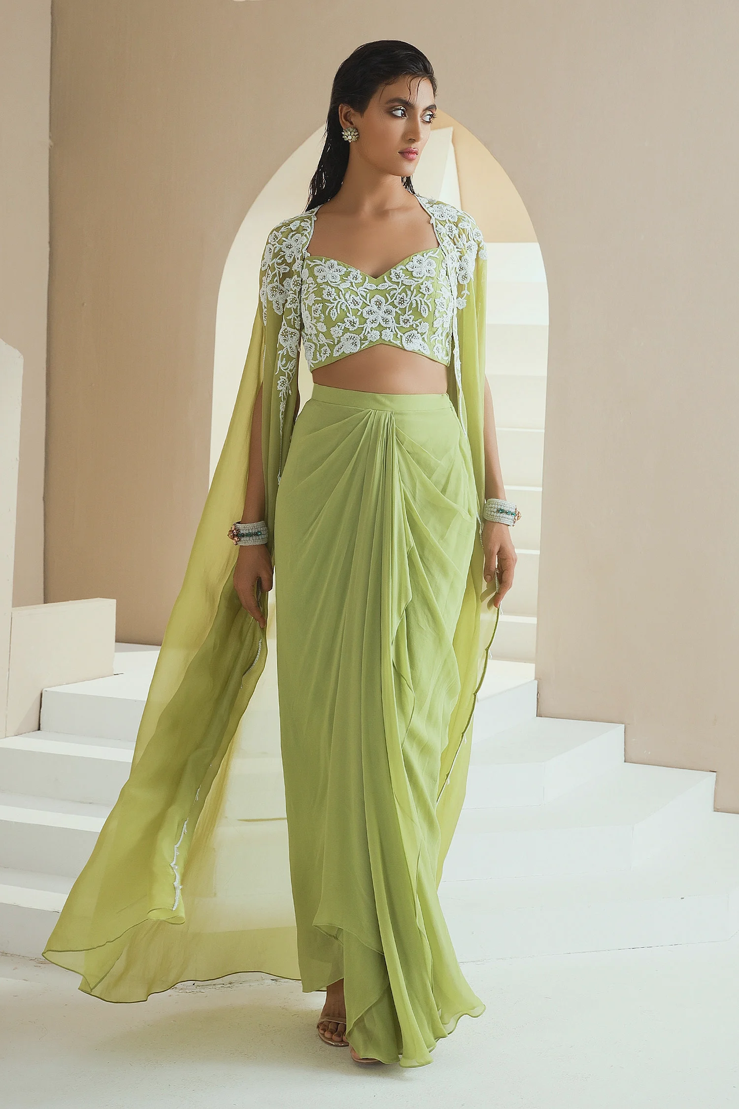 Embellished Cape With Draped Skirt Set