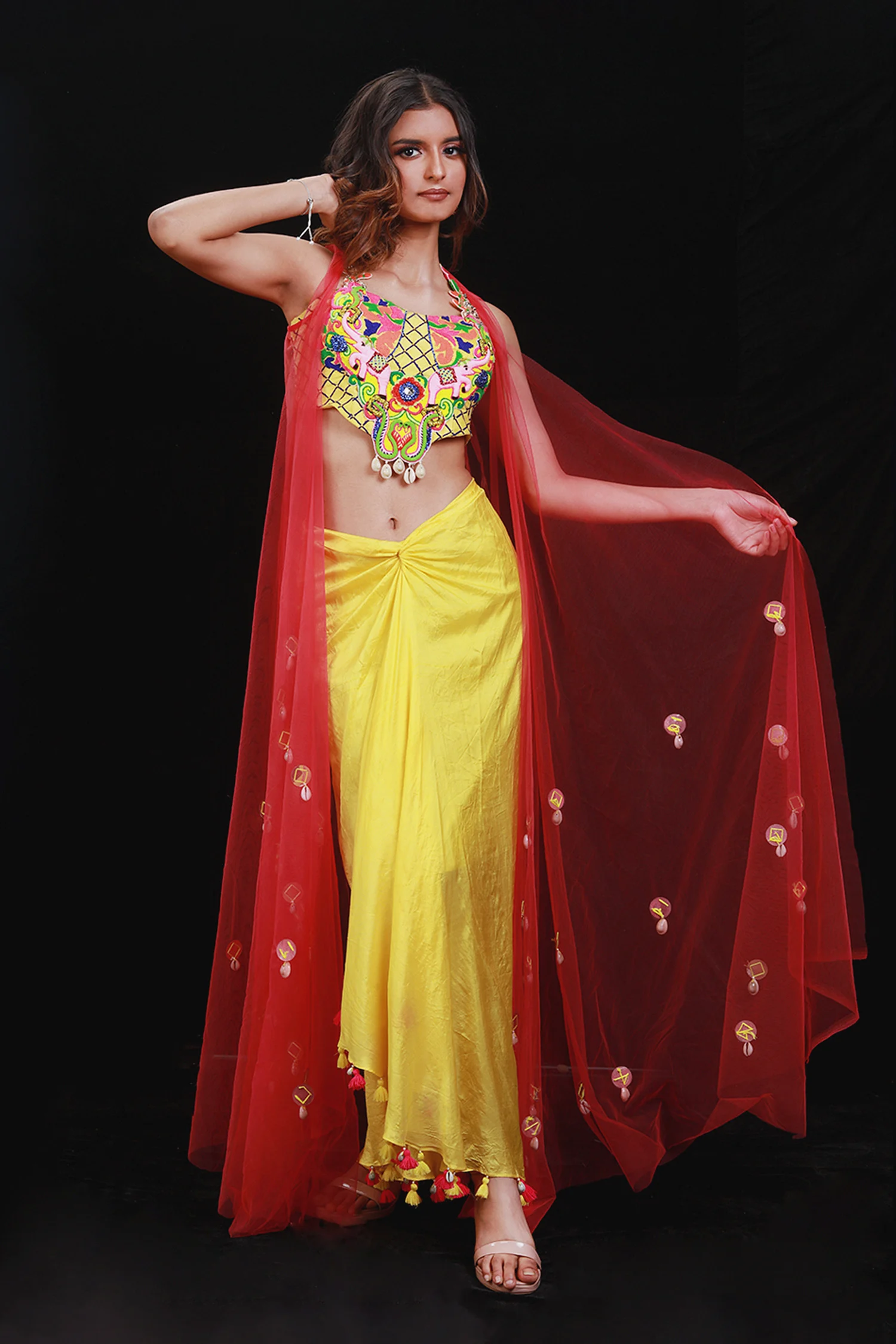 Embroidered Draped Skirt Set With Jacket