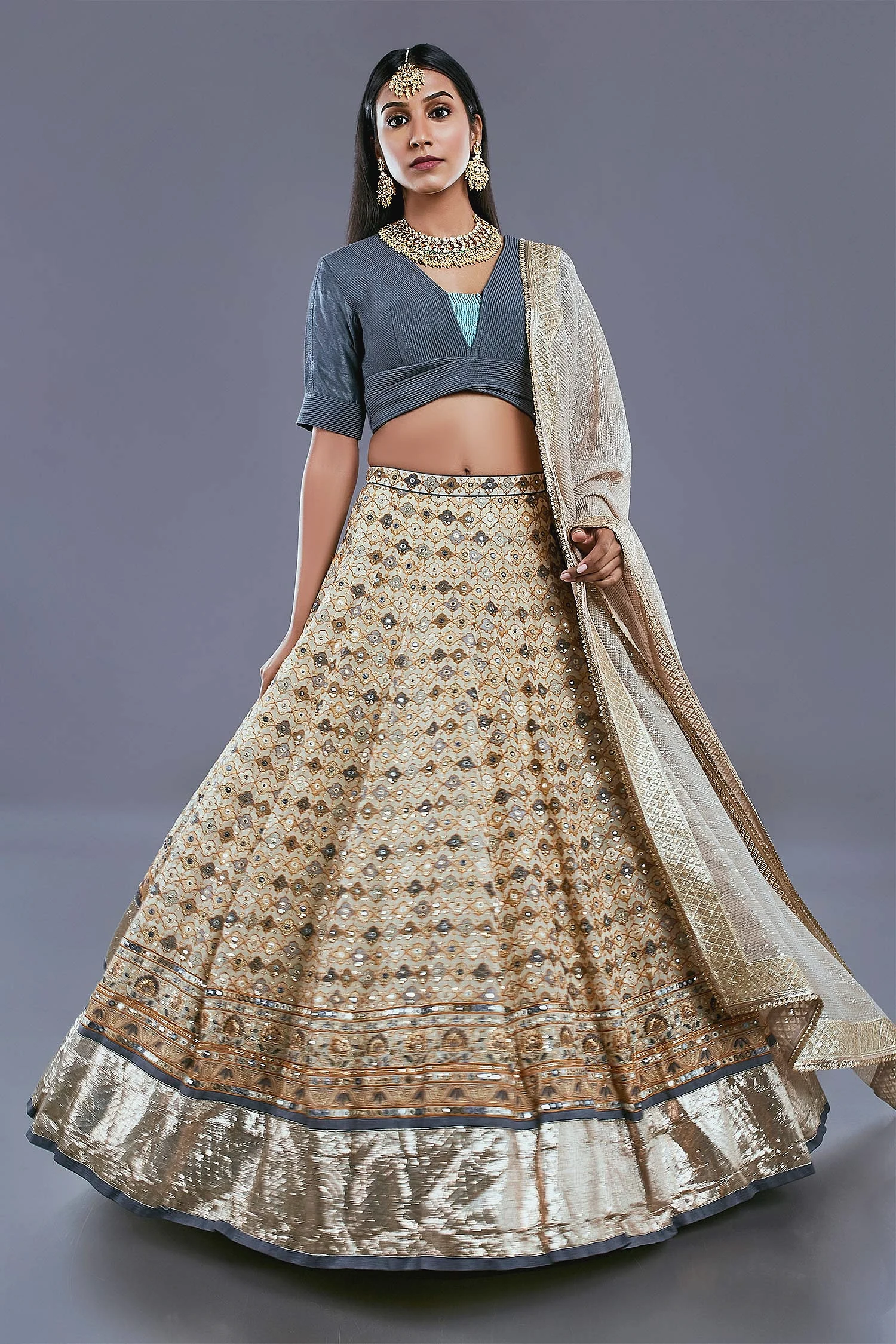Pleated Blouse & Embroidered Lehenga Set