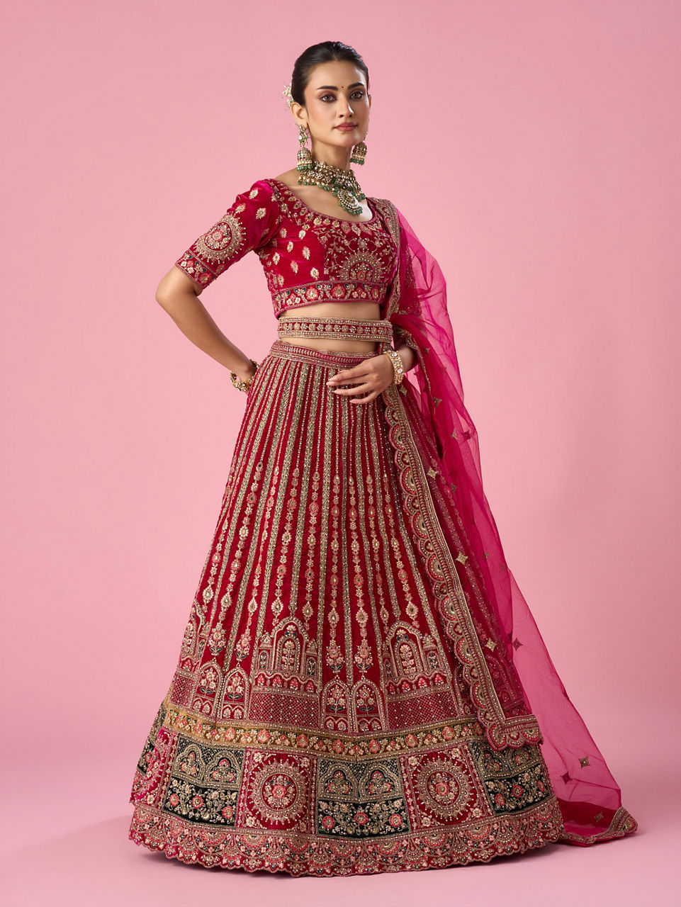 Pink Velvet Bridal Lehenga with Mirror Work