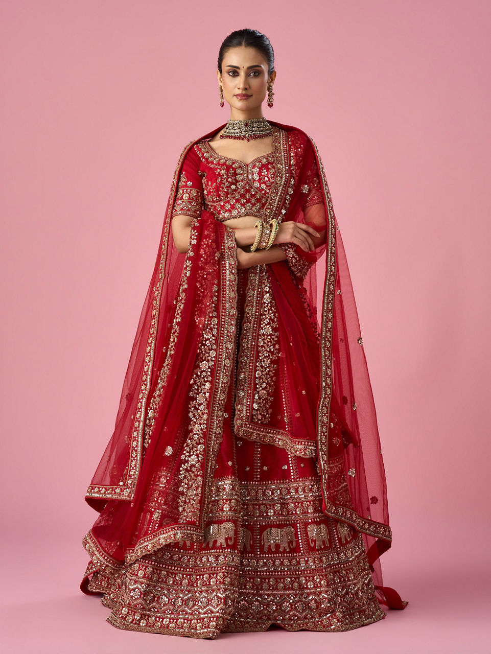 Red Silk Bridal Lehenga with Sequin Work