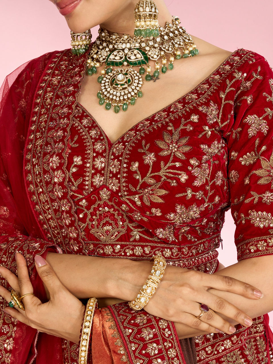 Berry Red Embroidered Bridal Lehenga