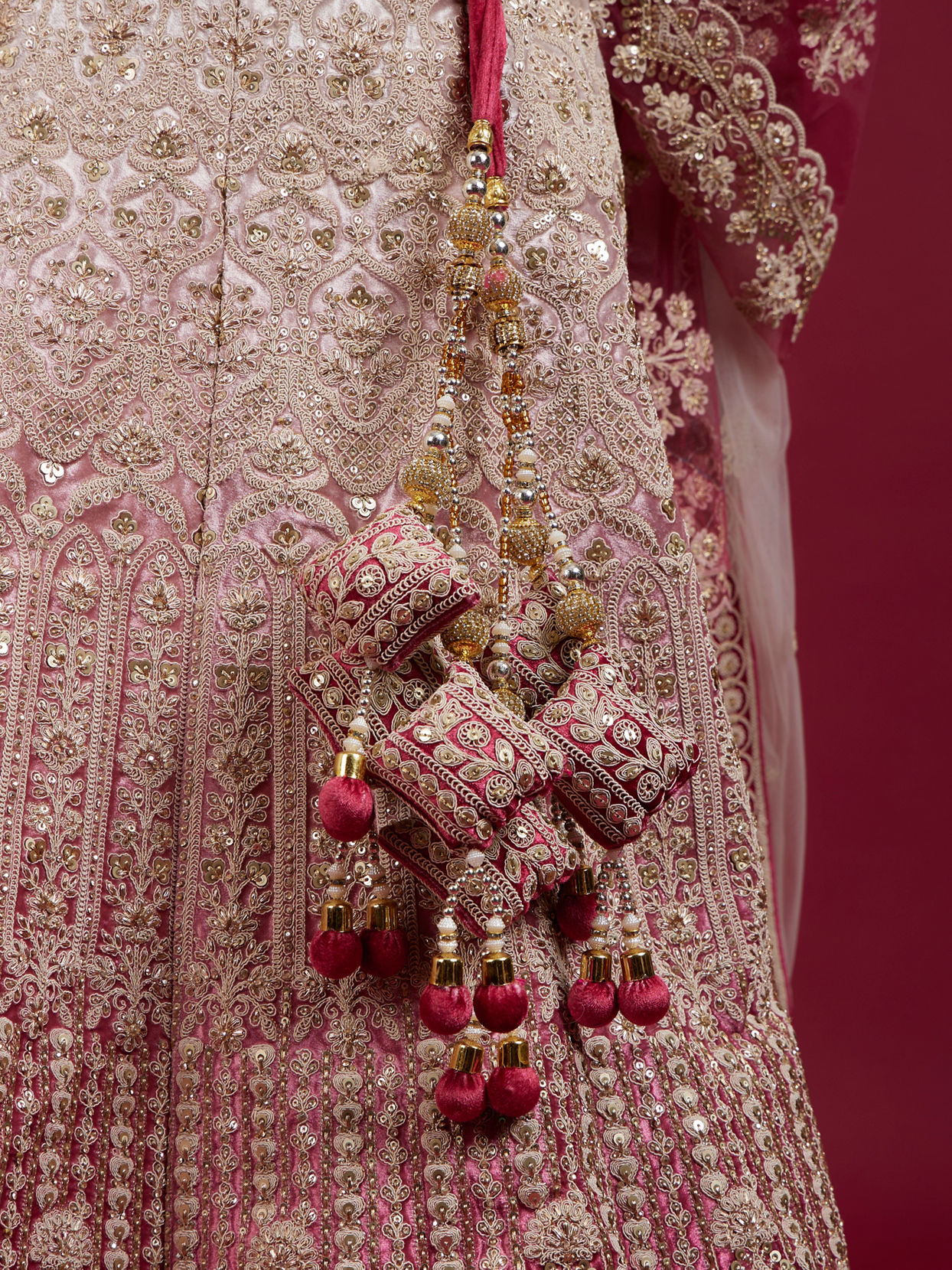 Coral And Light Pink Aari Embroidered Lehenga with Mirror Work