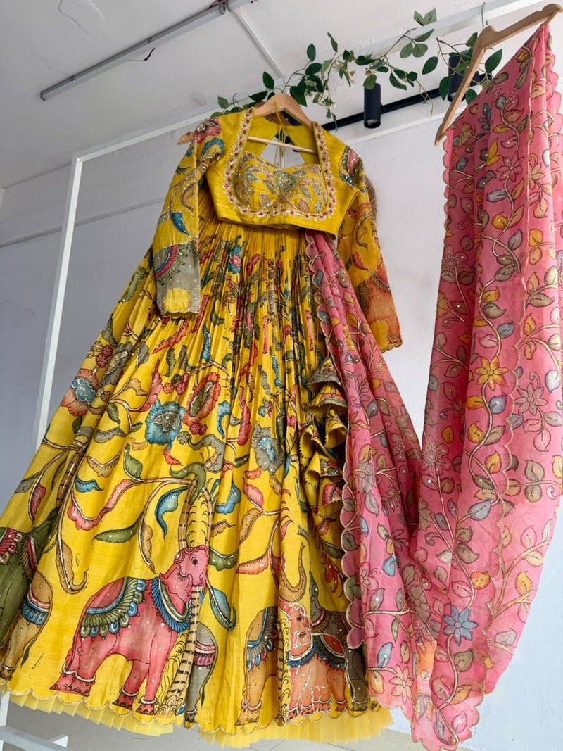 Yellow Pen Kalamkari Lehenga